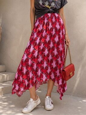 NWOT PINKO Love High-Low Plisse Pink Skirt with Red Heart Print, IT44/US8
